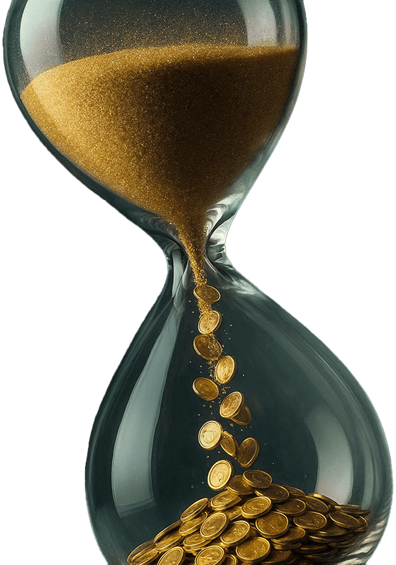 Hourglass with gold coins representing time savings